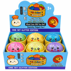 Jucărie Antistres Squishy Dumpling 8.5 cm cu Bile din Gel Multicolore mari, Sclipici– Moale, Elastică