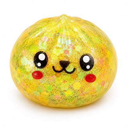 Jucărie Antistres Squishy Dumpling 8.5 cm cu Bile din Gel Multicolore mari, Sclipici– Moale, Elastică