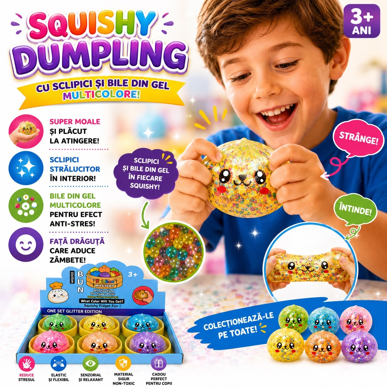 Jucărie Antistres Squishy Dumpling 8.5 cm cu Bile din Gel Multicolore mari, Sclipici– Moale, Elastică