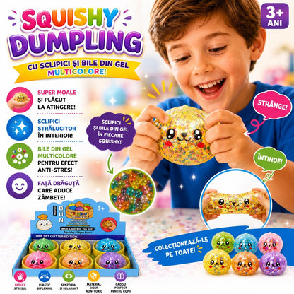 Jucărie Antistres Squishy Dumpling 8.5 cm cu Bile din Gel Multicolore mari, Sclipici– Moale, Elastică