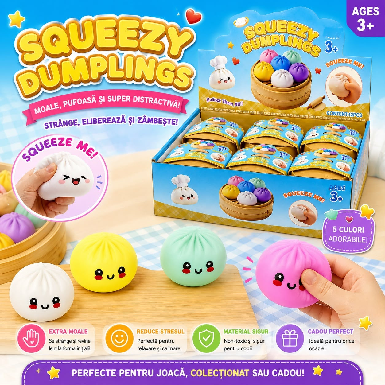 Jucărie Antistres Squishy Dumpling 8.5 cm cu Spumă în Interior – Extra Moale