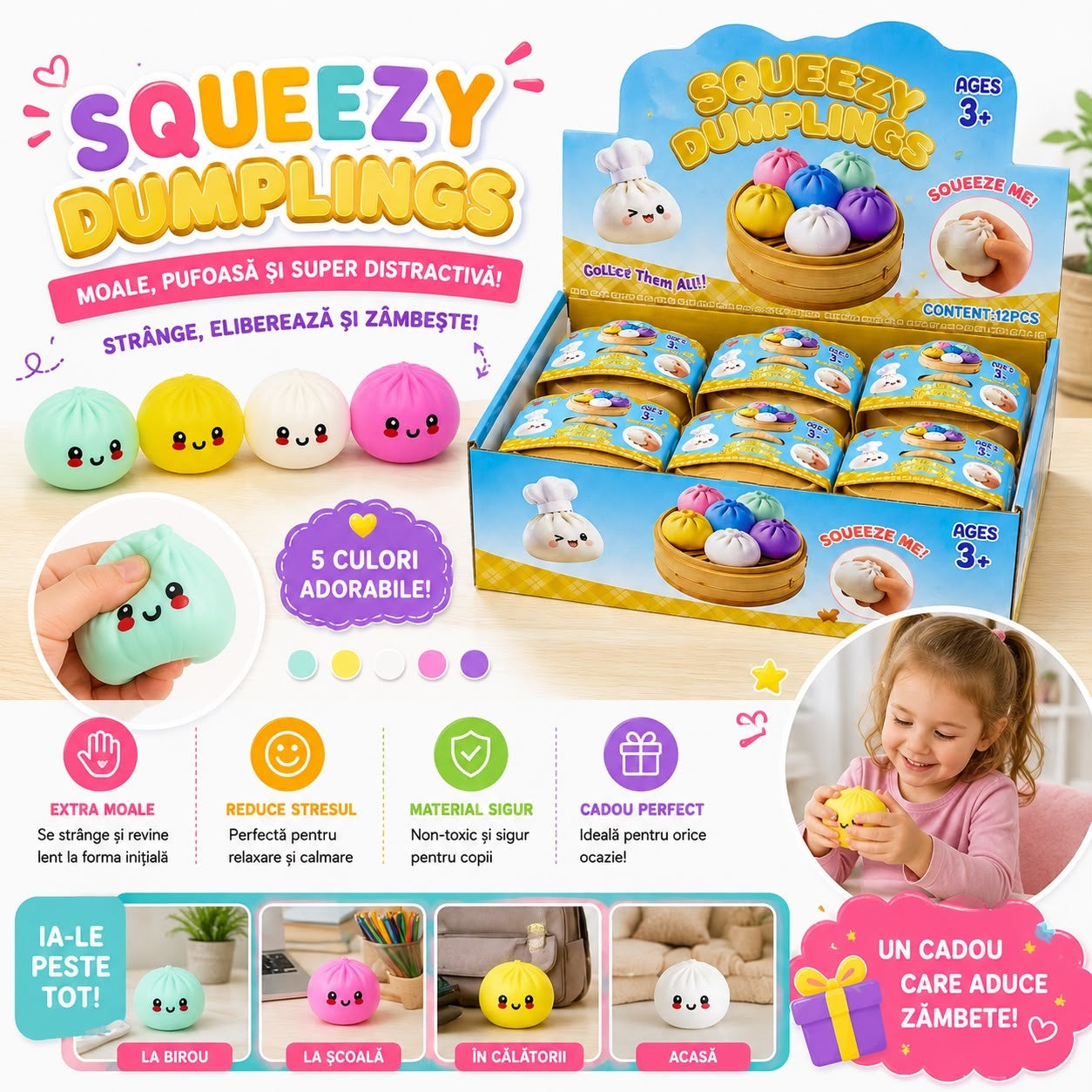 Jucărie Antistres Squishy Dumpling 8.5 cm cu Spumă în Interior – Extra Moale