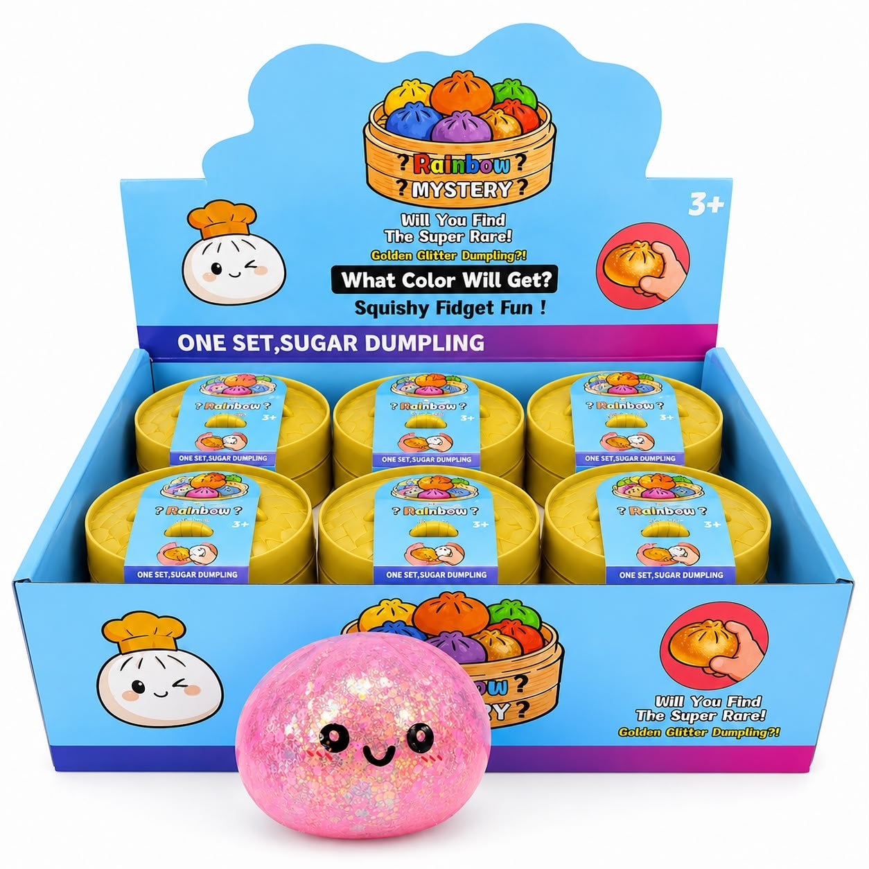Jucărie Antistres Squishy Dumpling 8,5cm cu Sclipici și Bile din Gel Multicolore,