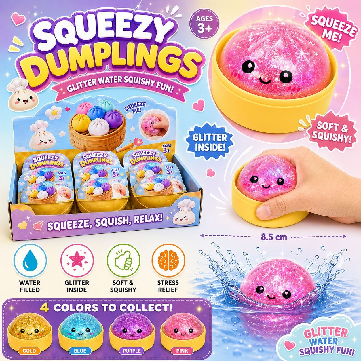 Jucărie Antistres Squishy Dumpling cu Apă și Sclipici 8,5 cm – Soft Squishy