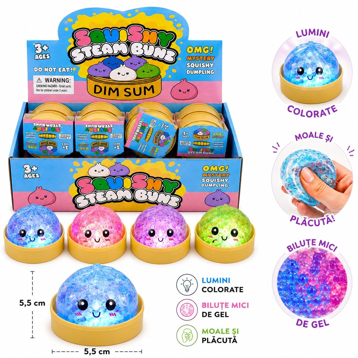 Jucărie Antistres Squishy Dumpling cu Bile din Gel, Sclipici și Lumini LED 5,5 cm