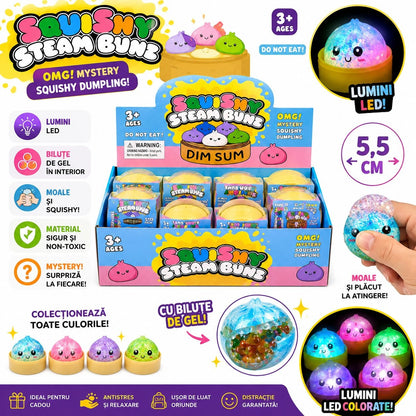 Jucărie Antistres Squishy Dumpling cu Bile din Gel, Sclipici și Lumini LED 5,5 cm