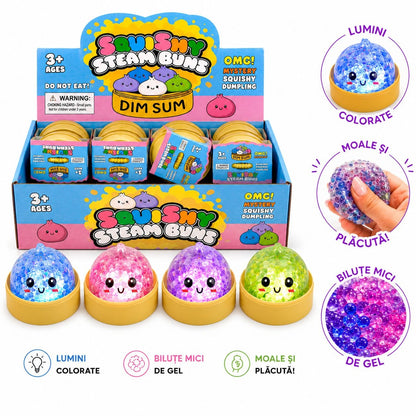 Jucărie Antistres Squishy Dumpling cu Bile din Gel, Sclipici și Lumini LED 5,5 cm
