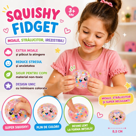 Jucărie Antistres Squishy Dumpling cu Bile din Gel și Inimioare Colorate, 8.5 cm