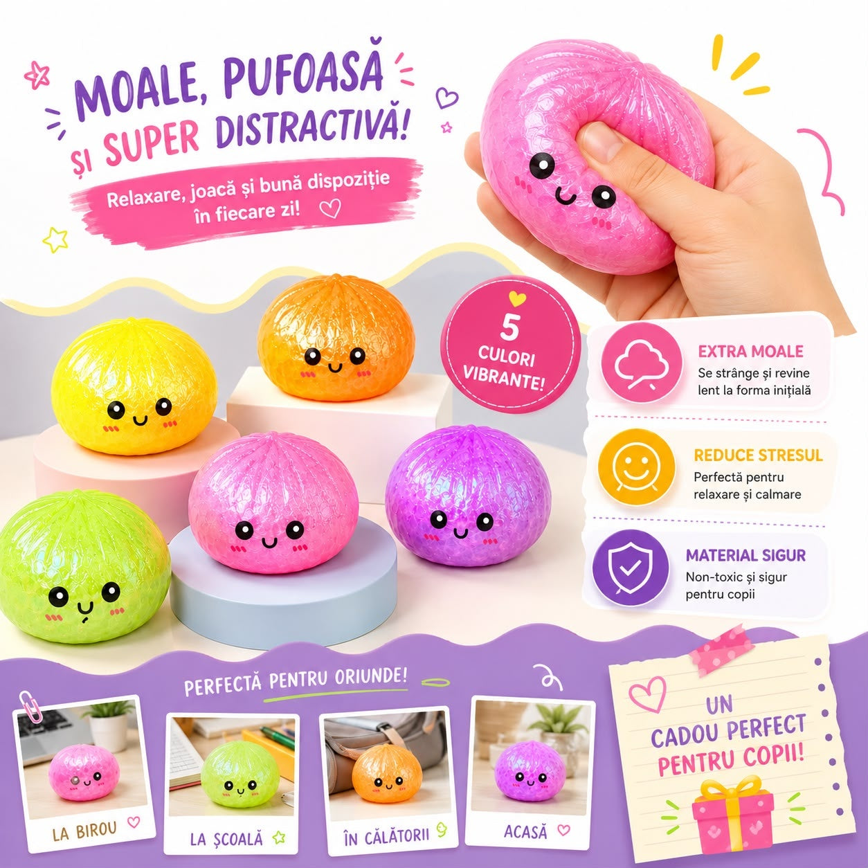 Jucărie Antistres Squishy Dumpling cu Bile din Gel și Sclipici 8.5 cm – Extra Moale