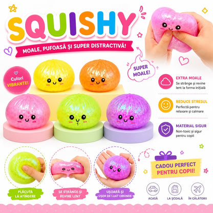 Jucărie Antistres Squishy Dumpling cu Bile din Gel și Sclipici 8.5 cm – Extra Moale