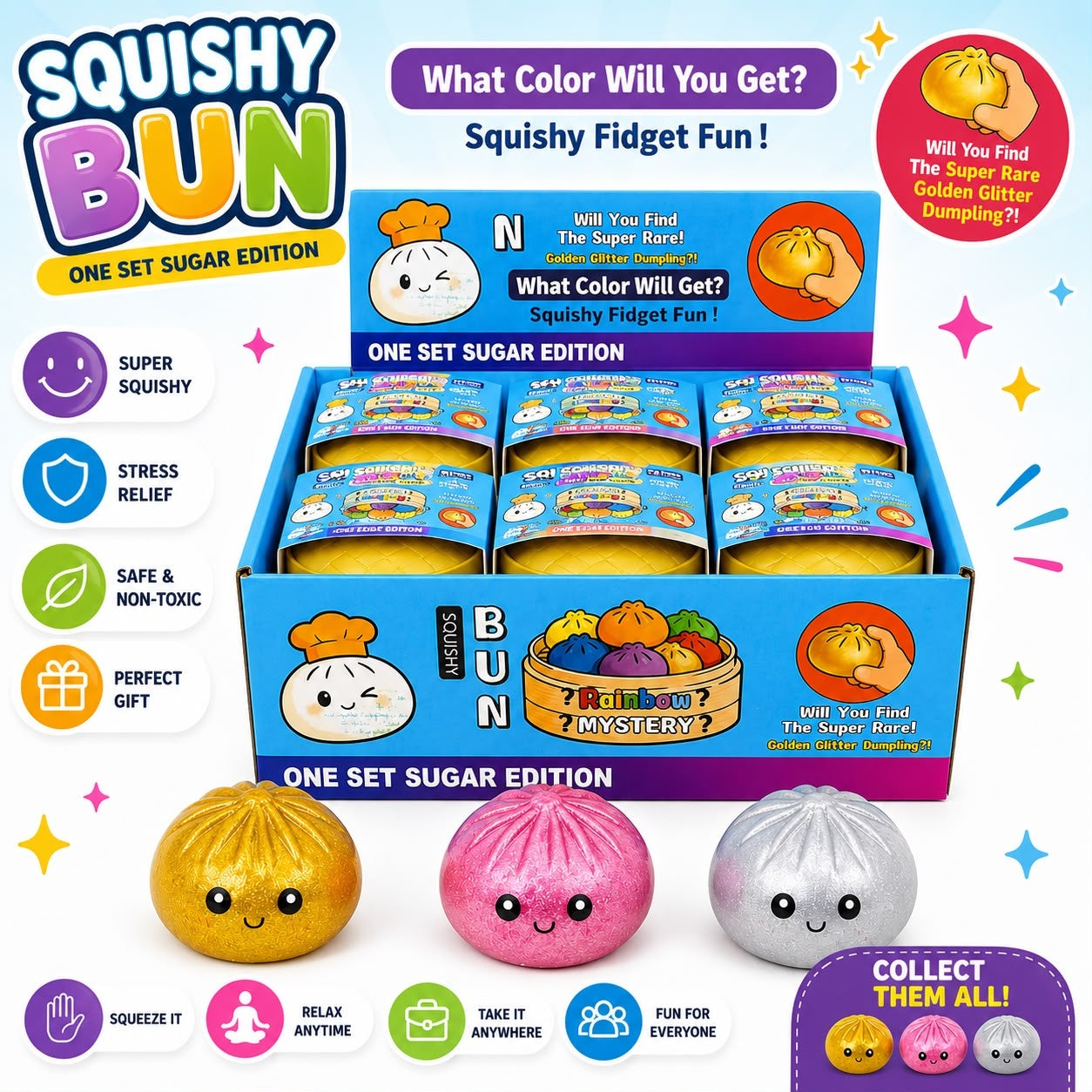 Jucărie Antistres Squishy Dumpling cu Bile din Gel și Sclipici, Culori Metalice, 8.5 cm