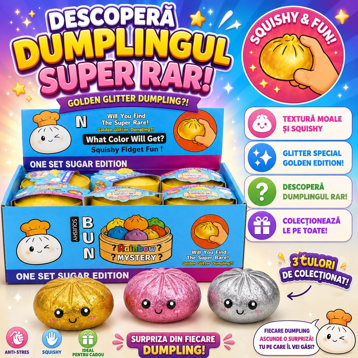 Jucărie Antistres Squishy Dumpling cu Bile din Gel și Sclipici, Culori Metalice, 8.5 cm