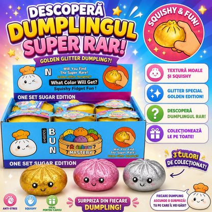 Jucărie Antistres Squishy Dumpling cu Bile din Gel și Sclipici, Culori Metalice, 8.5 cm