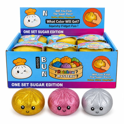 Jucărie Antistres Squishy Dumpling cu Bile din Gel și Sclipici, Culori Metalice, 8.5 cm