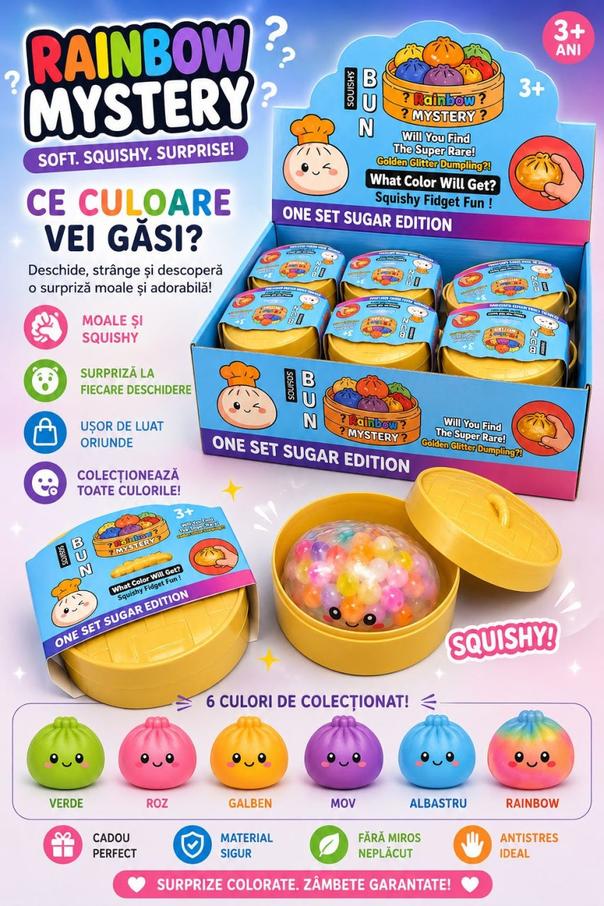 Jucărie Antistres Squishy Dumpling cu Bile Gel Colorate, 8 cm, Rainbow Mystery