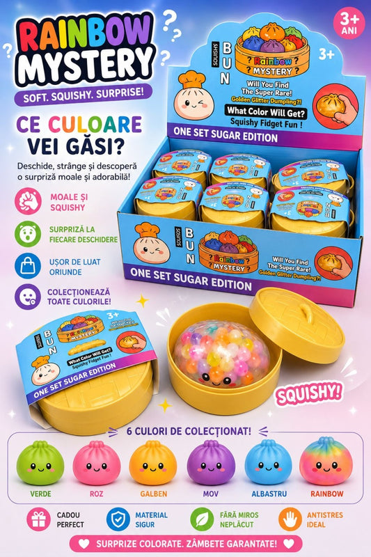 Jucărie Antistres Squishy Dumpling cu Bile Gel Colorate, 8 cm, Rainbow Mystery