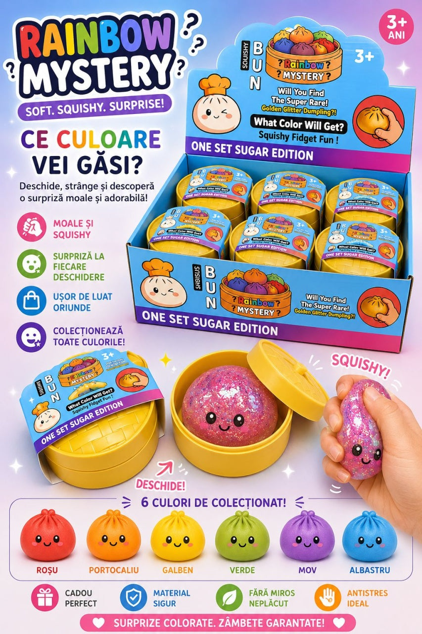 Jucărie Antistres Squishy Dumpling cu Bile Gel Colorate Mari Si Sclipici , 8 cm, Surpriză Rainbow Mystery