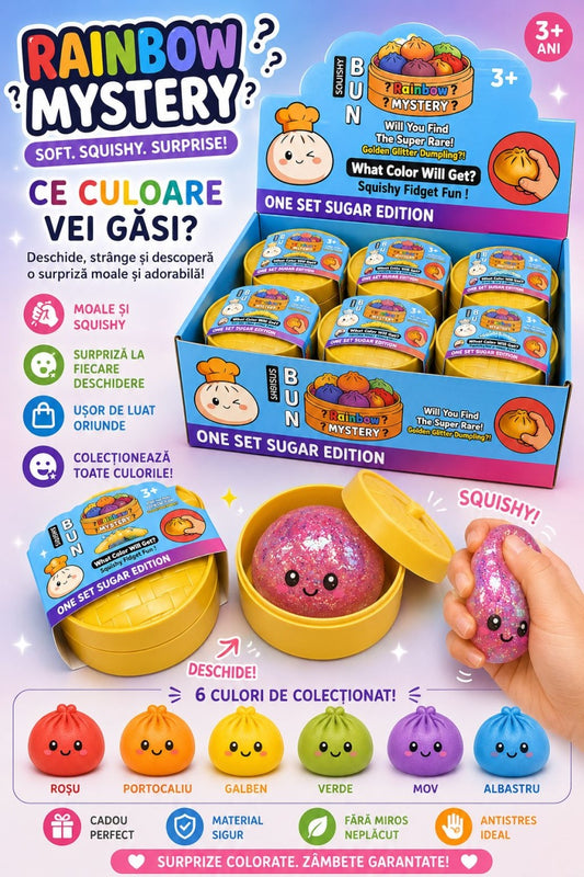 Jucărie Antistres Squishy Dumpling cu Bile Gel Colorate Mari Si Sclipici , 8 cm, Surpriză Rainbow Mystery