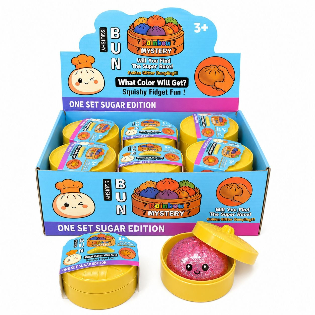Jucărie Antistres Squishy Dumpling cu Bile Gel Colorate Mari Si Sclipici , 8 cm, Surpriză Rainbow Mystery