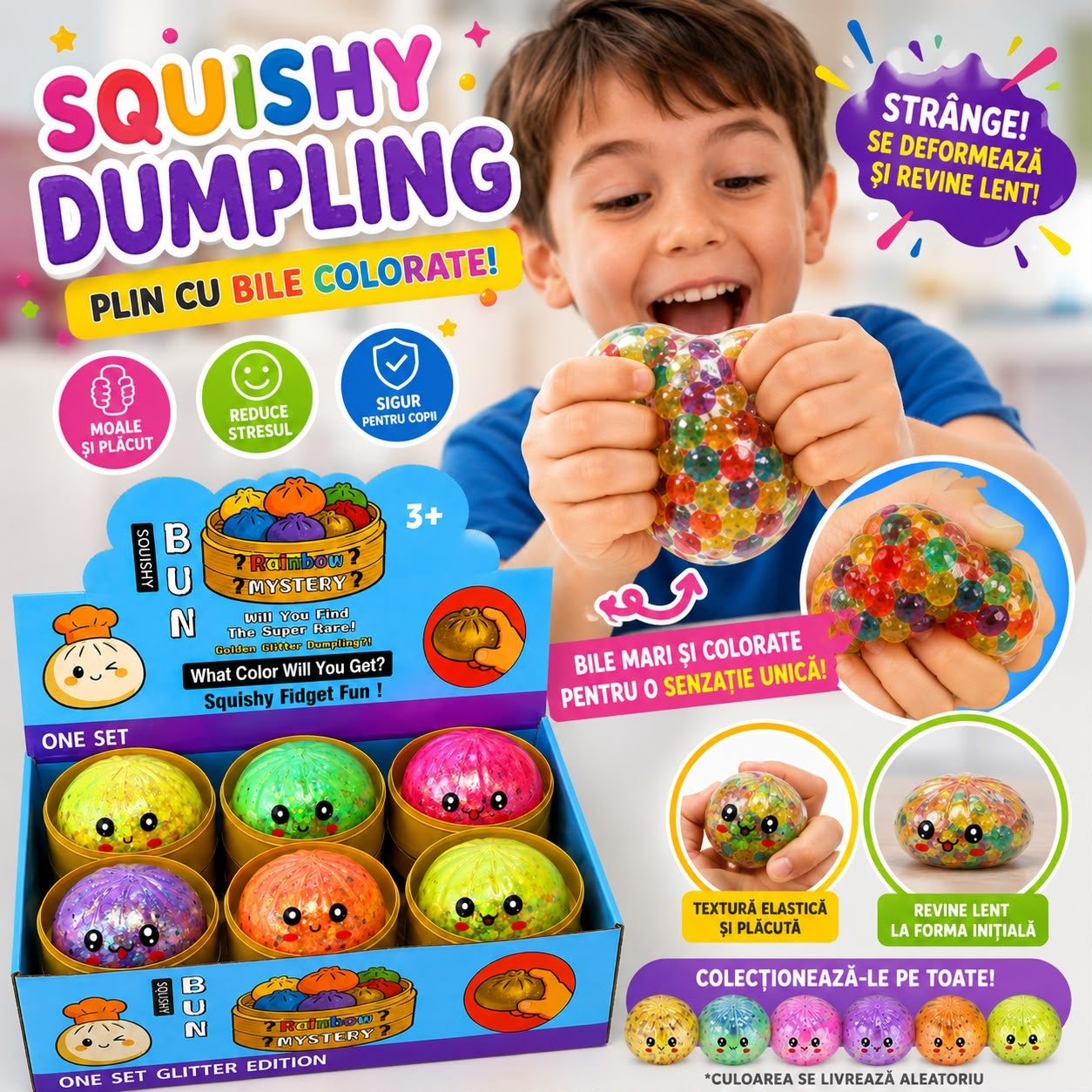 Jucărie Antistres Squishy Dumpling cu Bile Gel Multicolore mici, 8.5 cm, Elastică, Model/Culoare Aleatorie
