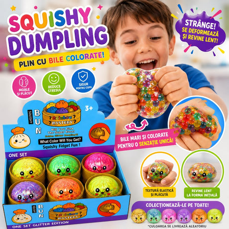 Jucărie Antistres Squishy Dumpling cu Bile Gel Multicolore mici, 8.5 cm, Elastică, Model/Culoare Aleatorie
