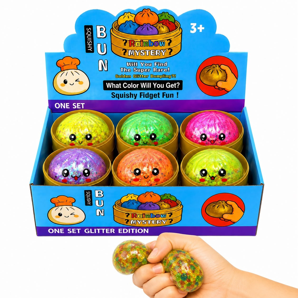 Jucărie Antistres Squishy Dumpling cu Bile Gel Multicolore mici, 8.5 cm, Elastică, Model/Culoare Aleatorie
