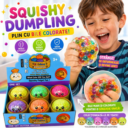 Jucărie Antistres Squishy Dumpling cu Bile Gel Multicolore mici, 8.5 cm, Elastică, Model/Culoare Aleatorie