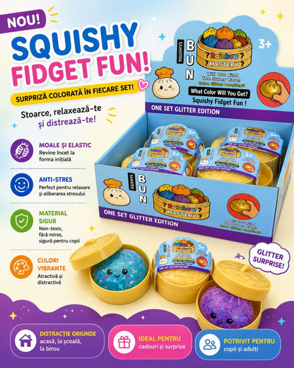 Jucărie Antistres Squishy Dumpling cu Bile Gel și Sclipici, 8 cm, Fidget Toy Surpriză Colorată