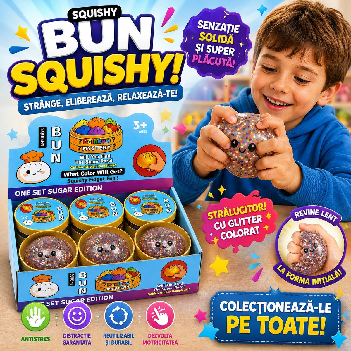 Jucărie Antistres Squishy Dumpling cu Gel și Confetti, 8,5 cm, Model Aleatoriu
