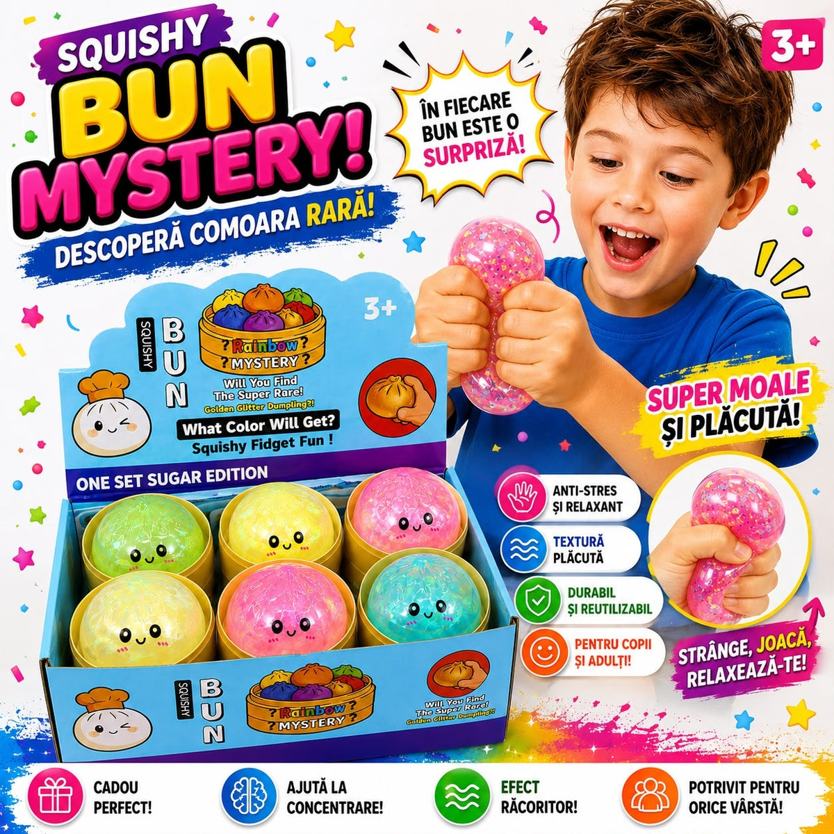 Jucărie Antistres Squishy Dumpling cu Gel și Efect Gheață, 8,5 cm, Model Aleatoriu