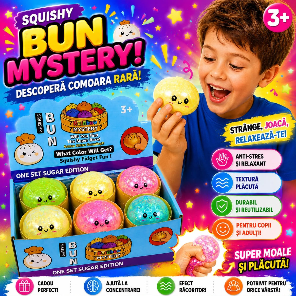 Jucărie Antistres Squishy Dumpling cu Gel și Efect Gheață, 8,5 cm, Model Aleatoriu