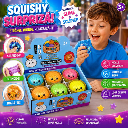 Jucărie Antistres Squishy Dumpling cu Gel și Sclipici, 8.5 cm, Model Aleatoriu, Moale și Elastică