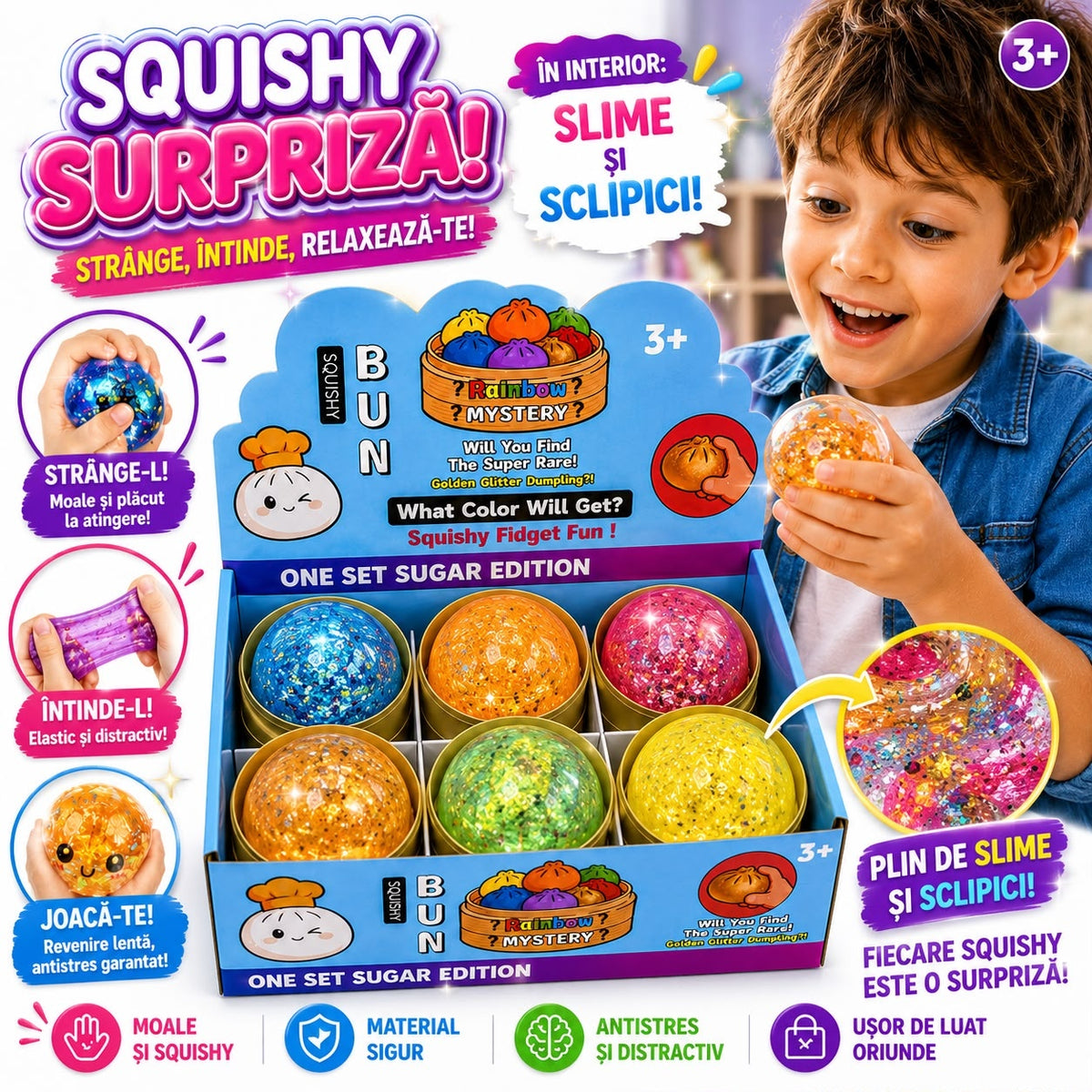 Jucărie Antistres Squishy Dumpling cu Gel și Sclipici, 8.5 cm, Model Aleatoriu, Moale și Elastică