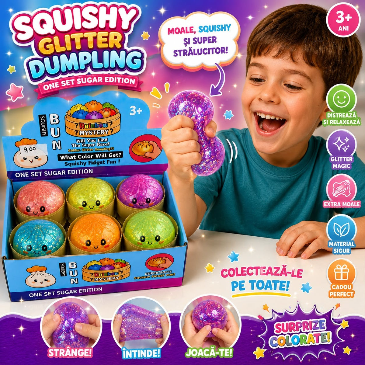 Jucărie Antistres Squishy Dumpling cu Gel și Sclipici, 8,5 cm, Model Aleatoriu