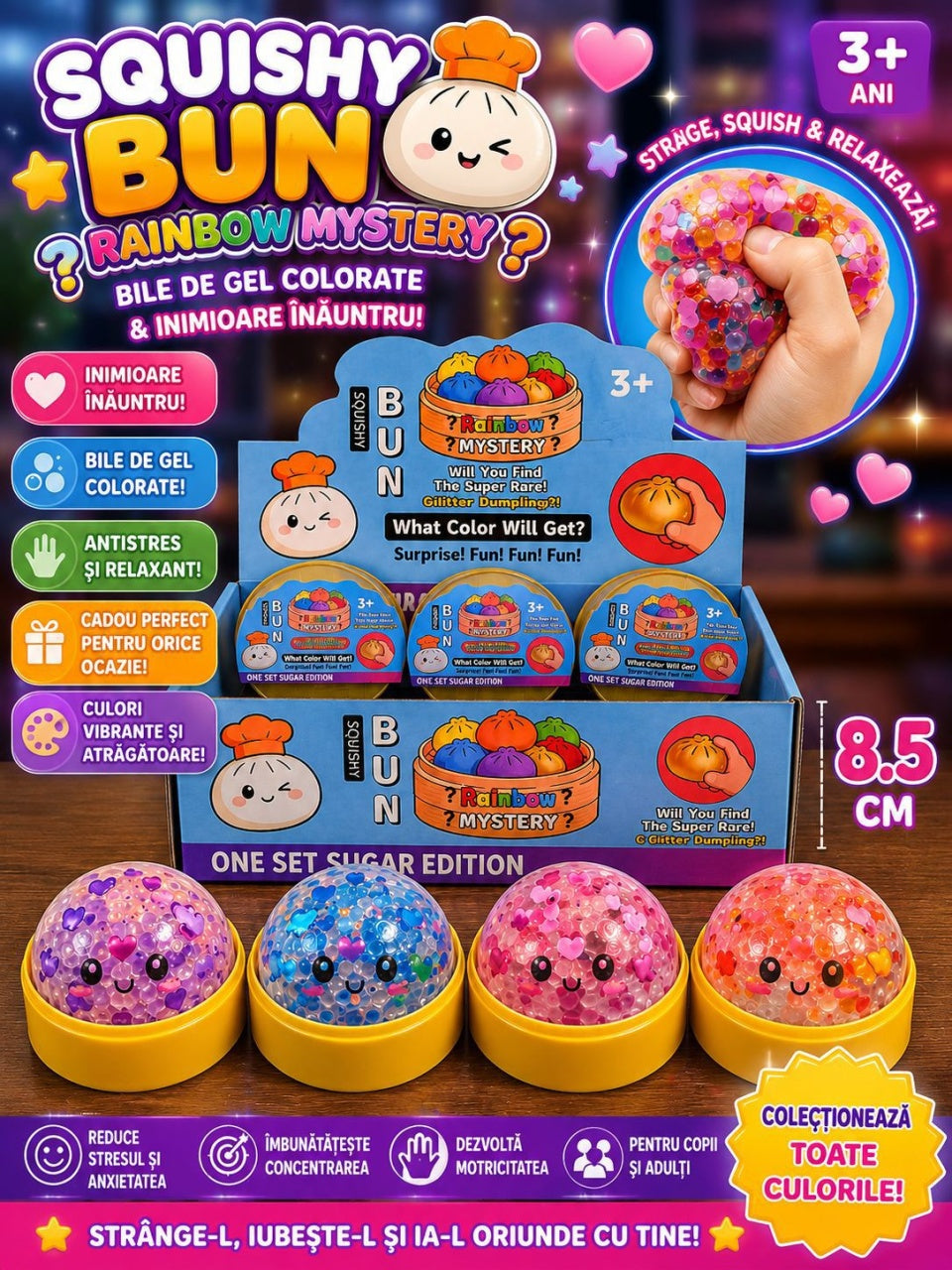 Jucărie Antistres Squishy Dumpling cu Inimioare și Bile Gel Colorate, 8.5 cm