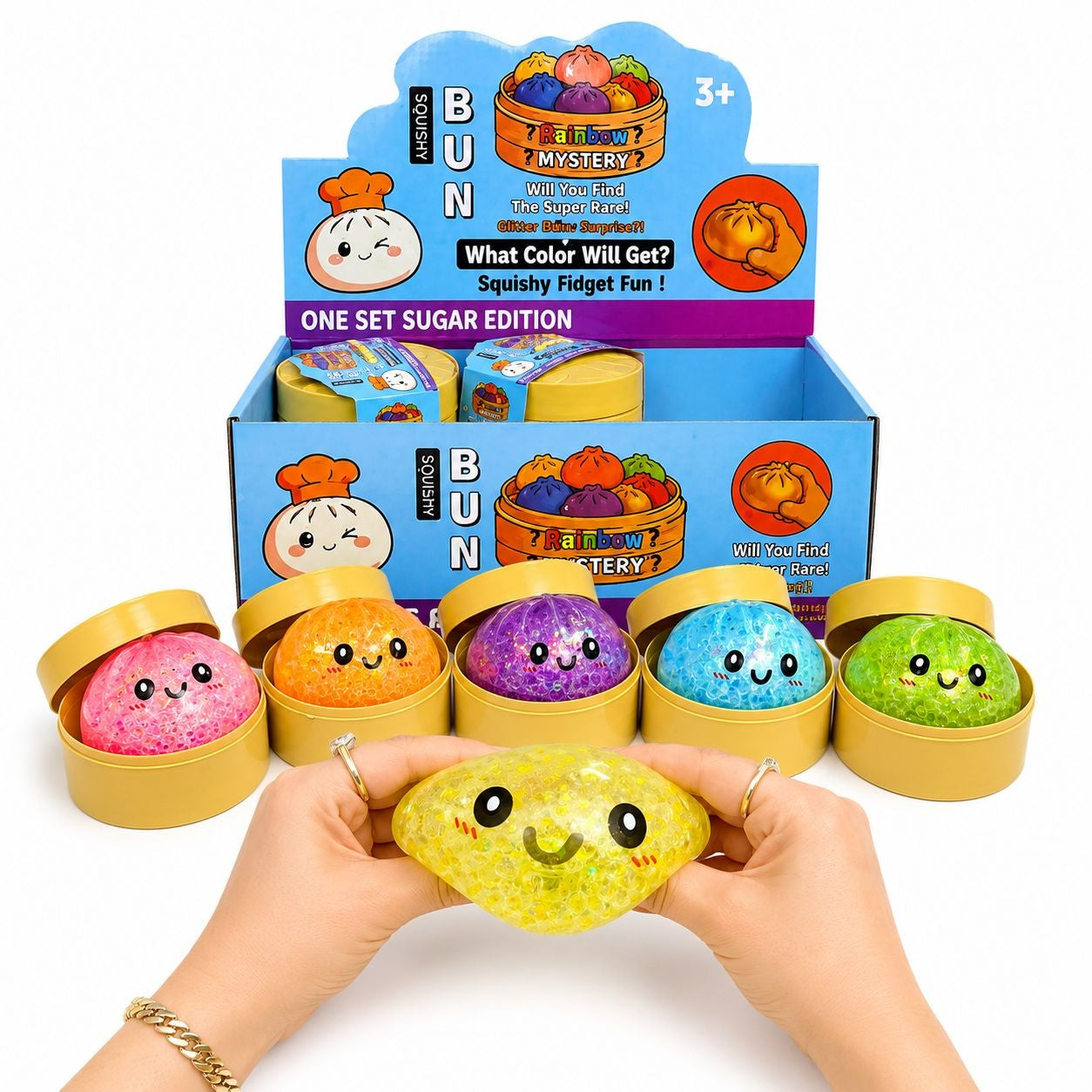Jucărie Antistres Squishy Dumpling cu Lumini LED, Sclipici și Bile Gel 8,5 cm – Surpriză Colorată pentru Copii