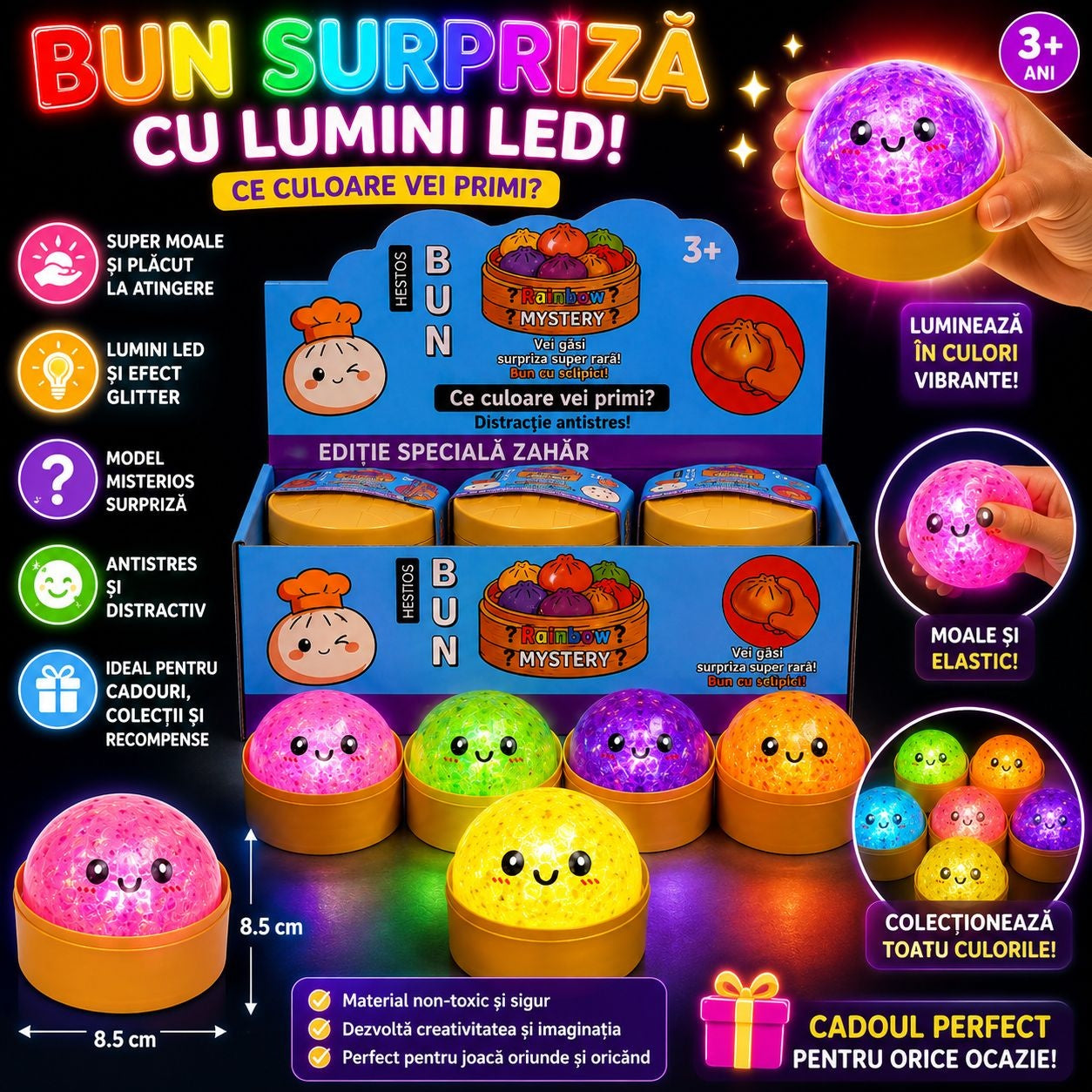 Jucărie Antistres Squishy Dumpling cu Lumini LED, Sclipici și Bile Gel 8,5 cm – Surpriză Colorată pentru Copii