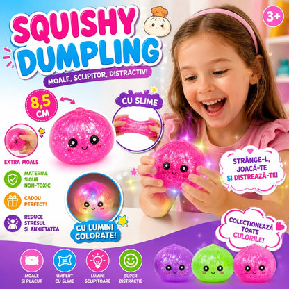 Jucărie Antistres Squishy Dumpling cu Lumini LED, Slime și Sclipici, 8,5 cm, Culoare Aleatorie