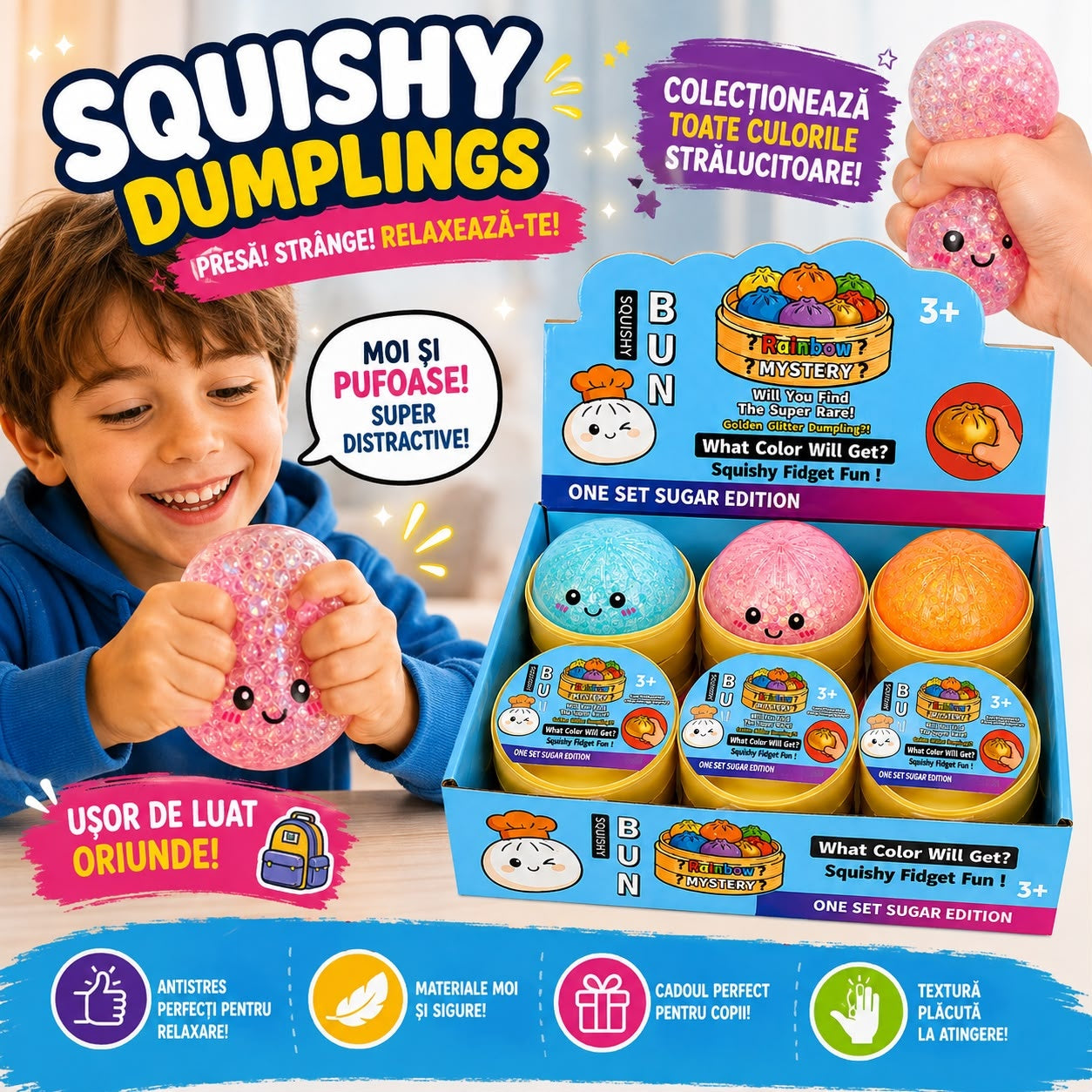 Jucărie Antistres Squishy Dumpling cu Sclipici și Bile de Gel, 8,5 cm, Model Aleatoriu