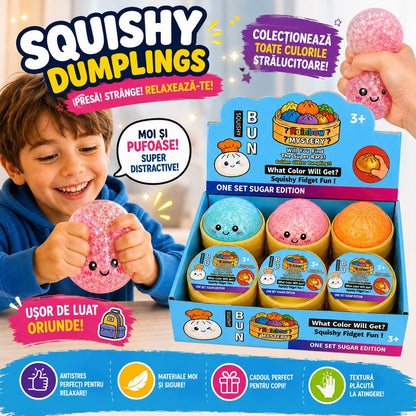 Jucărie Antistres Squishy Dumpling cu Sclipici și Bile de Gel, 8,5 cm, Model Aleatoriu