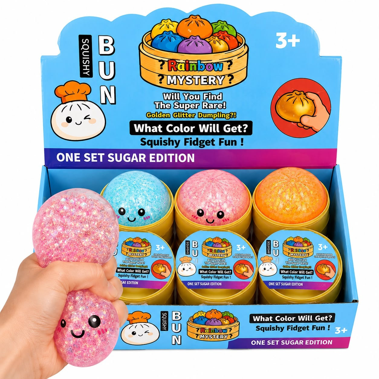 Jucărie Antistres Squishy Dumpling cu Sclipici și Bile de Gel, 8,5 cm, Model Aleatoriu