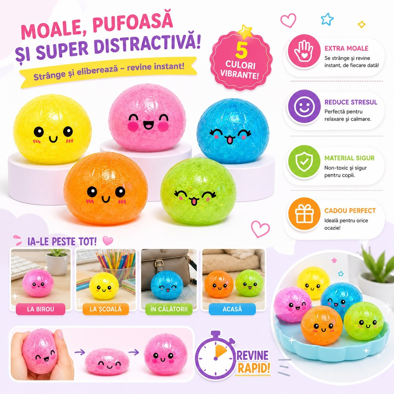 Jucărie Antistres Squishy Dumpling cu Sclipici și Bile din Gel, 5.5 cm – Minge Senzorială Elastică