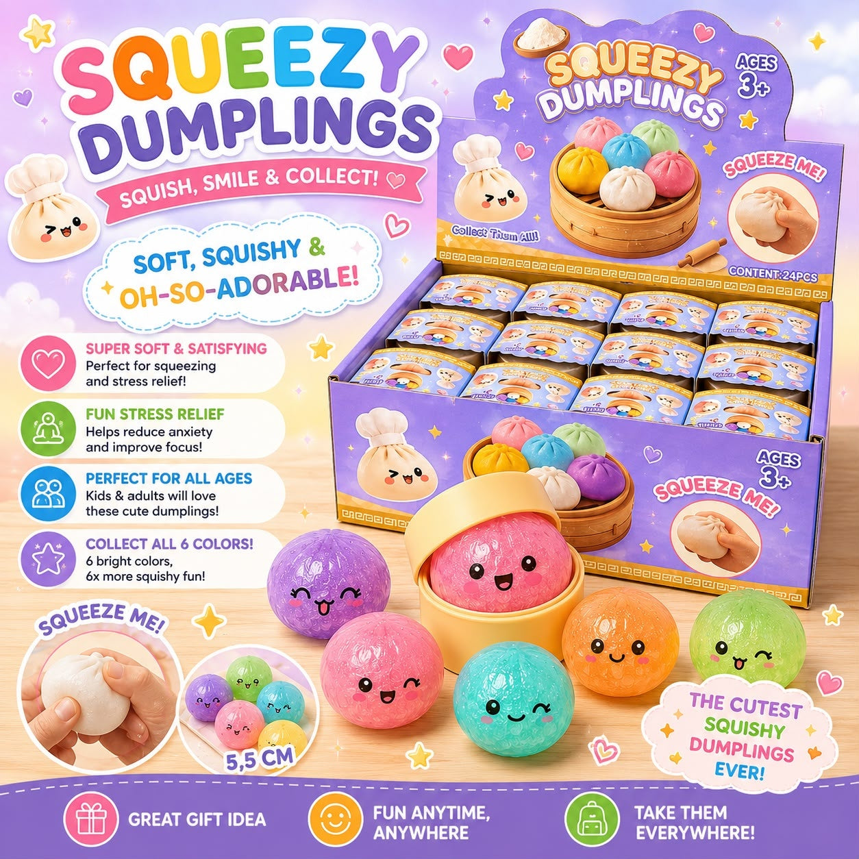 Jucărie Antistres Squishy Dumpling cu Sclipici și Bile din Gel, 5.5 cm – Minge Senzorială Elastică