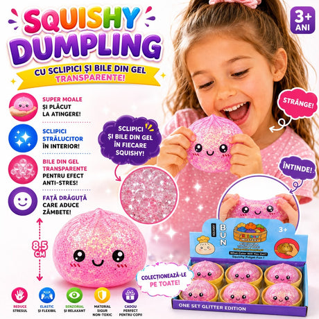 Jucărie Antistres Squishy Dumpling cu Sclipici și Bile din Gel Transparente, 8.5 cm – Moale, Elastică, Fidget Toy
