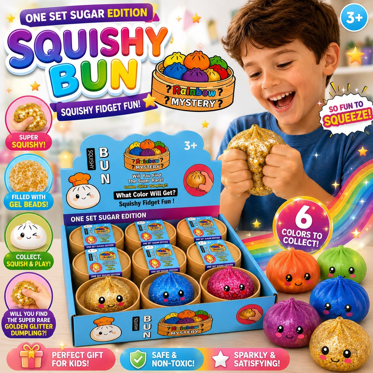 Jucărie Antistres Squishy Dumpling cu Sclipici și Bile din Gel transparente, 8,5 cm, Model Aleatoriu