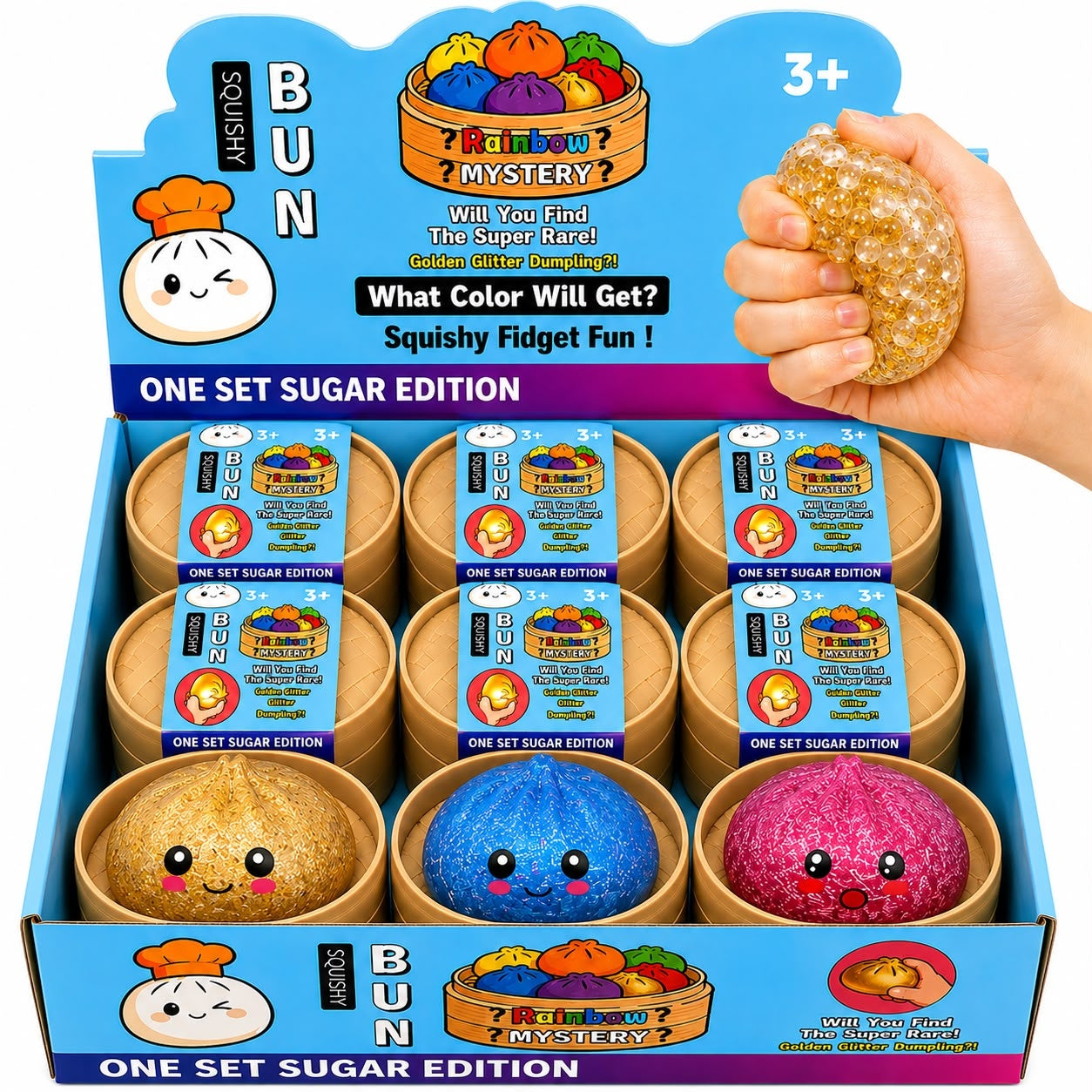Jucărie Antistres Squishy Dumpling cu Sclipici și Bile din Gel transparente, 8,5 cm, Model Aleatoriu