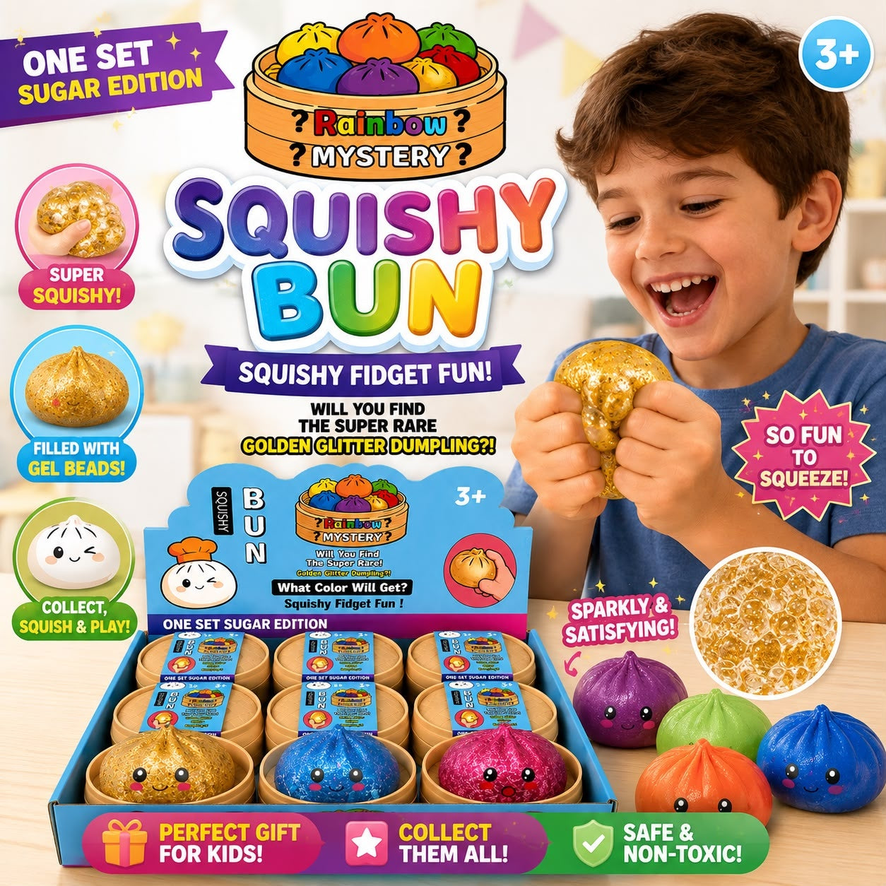 Jucărie Antistres Squishy Dumpling cu Sclipici și Bile din Gel transparente, 8,5 cm, Model Aleatoriu