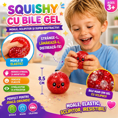 Jucărie Antistres Squishy Dumpling cu Sclipici și Bile Mari din Gel, 8.5 cm – Moale și Elastică