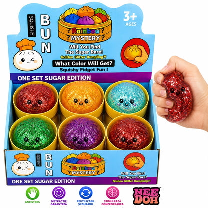 Jucărie Antistres Squishy Dumpling cu Sclipici, Tip NeeDoh, 8,5 cm, Model Aleatoriu