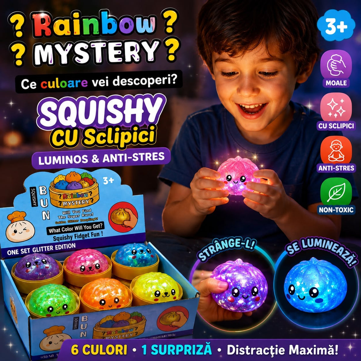 Jucărie Antistres Squishy Dumpling cu Slime și Lumini LED, 8.5 cm, cu Sclipici, Model Surpriză